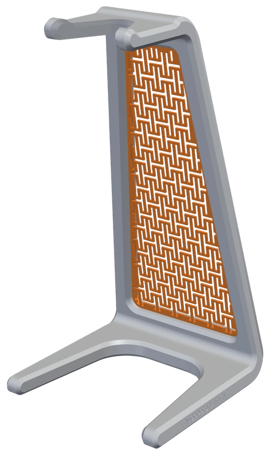 Suporte de headset montado: suporte cinza inclinado com a grade laranja encaixada